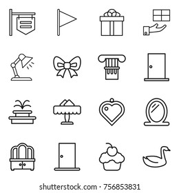Thin line icon set : shop signboard, flag, gift, table lamp, bow, column, door, fountain, restaurant, heart pendant, mirror, dresser, cupcake, goose