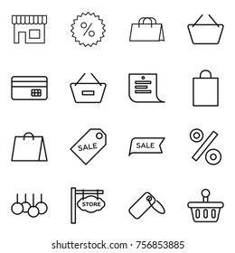 Thin line icon set : shop, percent, shopping bag, basket, credit card, remove from, list, sale label, store signboard