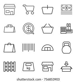 Thin line icon set : shop, cart, basket, money, shopping bag, dollar arrow, store, bar code, hangare, heavy, pallet, package