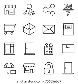 Thin line icon set : shop, share, 24 7, delivery, box, mail, copybook, window, door, arch, package, insurance, unlocked