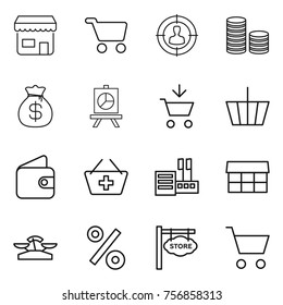 Thin line icon set : shop, cart, target audience, coin stack, money bag, presentation, add to, basket, wallet, store, market, scales, percent, signboard