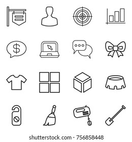 Thin line icon set : shop signboard, man, target, graph, money message, notebook, discussion, bow, t shirt, window, cube, stadium, do not disturb, broom, mixer, shovel