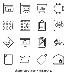 Thin line icon set : shop signboard, presentation, chip, cpu, clipboard, store, under construction, pen, surfer, cutting board, utility room Thin line icon set : shop signboard, presentation, chip, cpu, clipboard, store, under construction, pen, surfer, cutting board, utility room