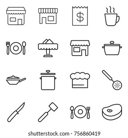 Thin line icon set : shop, receipt, hot drink, cafe, restaurant, pan, chief hat, skimmer, knife, meat hammer, fork spoon plate, steake