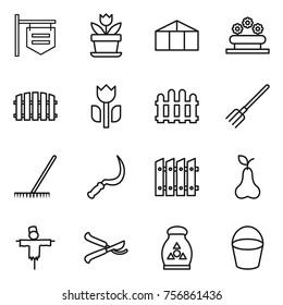 Thin line icon set : shop signboard, flower, greenhouse, bed, fence, perishable, fork, rake, sickle, pear, scarecrow, pruner, fertilizer, bucket