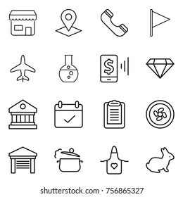 Thin line icon set : shop, pointer, phone, flag, plane, round flask, mobile pay, diamond, library, terms, clipboard, cooler fan, garage, steam pan, apron, rabbit