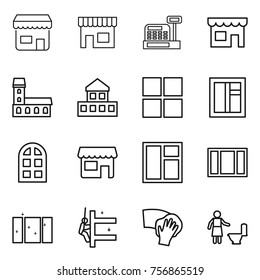 Thin line icon set : shop, cashbox, mansion, cottage, window, arch, clean, skyscrapers cleaning, wiping, toilet