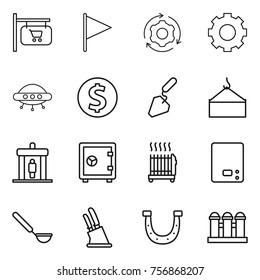Thin line icon set : shop signboard, flag, around gear, ufo, dollar coin, construction, loading crane, detector, safe, radiator, kitchen scales, ladle, knife holder, horseshoe, grain elevator