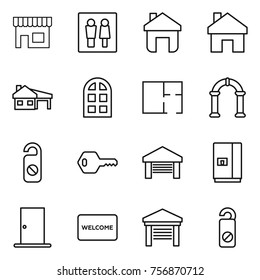 Thin line icon set : shop, wc, home, house with garage, arch window, plan, do not distrub, key, fridge, door, welcome mat