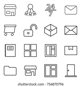 Thin line icon set : shop, share, 24 7, mail, delivery, unlock, box, copybook, window, package, documents, door