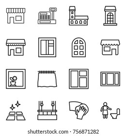 Thin line icon set : shop, cashbox, mansion, building, window, arch, flower in, curtain, clean floor, skysrcapers cleaning, wiping, toilet