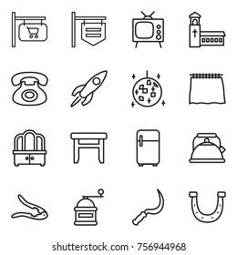 Thin line icon set : shop signboard, tv, church, phone, rocket, disco ball, curtain, dresser, stool, fridge, kettle, walnut crack, hand mill, sickle, horseshoe