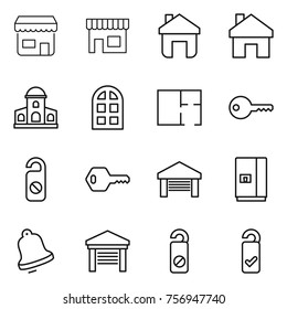 Thin line icon set : shop, home, mansion, arch window, plan, key, do not distrub, garage, fridge, bell, please clean