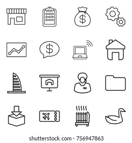 Thin line icon set : shop, clipboard, money bag, gear, statistics, message, notebook wireless, home, skyscraper, presentation, support manager, documents, package, ticket, radiator, goose
