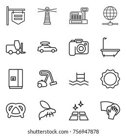 Thin line icon set : shop signboard, lighthouse, cashbox, globe connect, fork loader, car baggage, camera, bath, fridge, vacuum cleaner, pool, induction oven, pretzel, wasp, clean floor, wiping