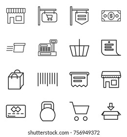 Thin line icon set : shop, signboard, money, delivery, cashbox, basket, shopping list, bag, bar code, atm receipt, credit card, heavy, cart, package