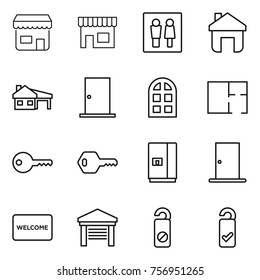 Thin line icon set : shop, wc, home, house with garage, door, arch window, plan, key, fridge, welcome mat, do not distrub, please clean