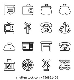 Thin line icon set : shop signboard, wallet, purse, tv, windmill, phone, anchor, service bell, wardrobe, stool, fireplace, wheel, car wash
