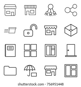 Thin line icon set : shop, share, delivery, unlock, box, copybook, window, door, documents, insurance