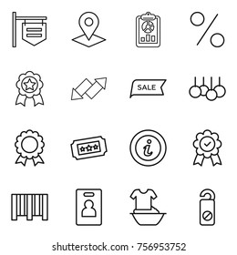 Thin line icon set : shop signboard, pointer, report, percent, medal, up down arrow, sale, ticket, info, bar code, identity card, handle washing, do not distrub