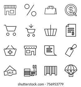 Thin line icon set : shop, percent, shopping bag, dollar arrow, cart, add to, basket, account balance, list, label, sale, mall, bar code, parachute delivery