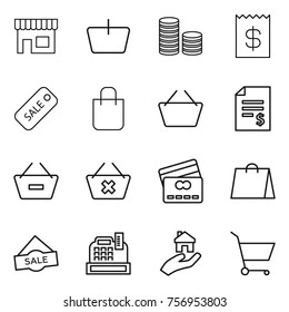 Thin line icon set : shop, basket, coin stack, receipt, sale, shopping bag, account balance, remove from, delete cart, credit card, cashbox, real estate