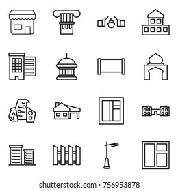Thin line icon set : shop, column, drawbridge, cottage, houses, goverment house, fence, minaret, modern architecture, with garage, window, school, district, outdoor light