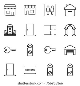 Thin line icon set : shop, wc, home, mansion, door, plan, arch, key, do not distrub, garage, welcome mat, please clean