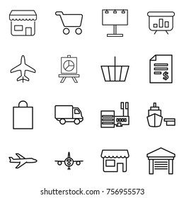 Thin line icon set : shop, cart, billboard, presentation, plane, basket, account balance, shopping bag, delivery, mall, port, garage