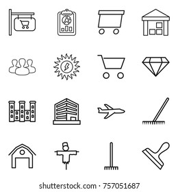Thin line icon set : shop signboard, report, delivery, warehouse, group, sun power, cart, diamond, palace, office, plane, rake, barn, scarecrow, scraper