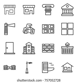 Thin line icon set : shop, column, library, lighthouse, modern architecture, panel house, window, door, building, brick wall, university, school, outdoor light, hotel, home