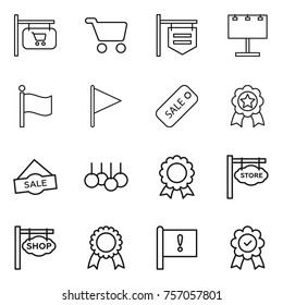 Thin line icon set : shop signboard, cart, billboard, flag, sale, medal, store, important