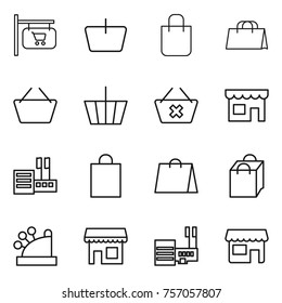 Thin line icon set : shop signboard, basket, shopping bag, delete cart, store, cashbox, mall