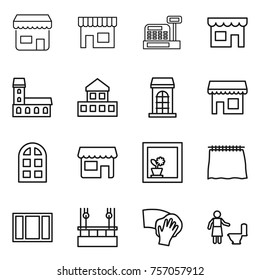 Thin line icon set : shop, cashbox, mansion, cottage, building, arch window, flower in, curtain, skysrcapers cleaning, wiping, toilet