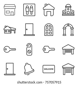 Thin line icon set : shop, wc, home, mansion, house with garage, door, arch window, key, do not distrub, bell, welcome mat