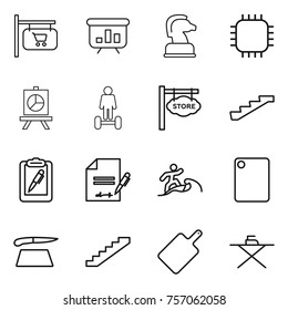Thin line icon set : shop signboard, presentation, chess horse, chip, hoverboard, store, stairs, clipboard pen, inventory, surfer, cutting board, iron