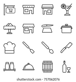 Thin line icon set : shop signboard, cocktail, restaurant, cutting board, pan, cook hat, spatula, big spoon, chef knife, salt pepper, meal cap, barrel, wine