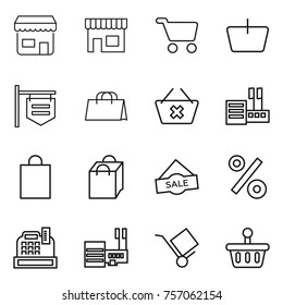 Thin line icon set : shop, cart, basket, signboard, shopping bag, delete, store, sale, percent, cashbox, mall, trolley