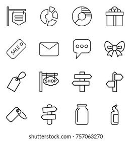 Thin line icon set : shop signboard, circle diagram, gift, sale, mail, message, bow, label, singlepost, signpost, bank, toilet cleanser