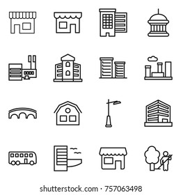 Thin line icon set : shop, houses, goverment house, mall, building, district, city, bridge, outdoor light, office, bus, hotel, garden cleaning