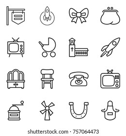 Thin line icon set : shop signboard, rocket, bow, purse, tv, baby stroller, church, dresser, chair, phone, hand mill, windmill, horseshoe, apron