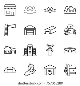 Thin line icon set : shop, group, drawbridge, project, lighthouse, garage, warehouse, modern architecture, house with, building, windmill, bridge, greenhouse, real estate, skyscrapers cleaning