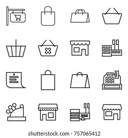 Thin line icon set : shop signboard, shopping bag, basket, delete cart, store, list, cashbox, mall