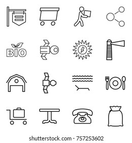 Thin line icon set : shop signboard, delivery, courier, molecule, bio, satellite, sun power, lighthouse, barn, lounger, cafe, baggage trolley, table, phone, flour
