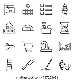 Thin line icon set : shop signboard, sun power, list, spark plug, cottage, hangare, customs control, sand clock, plane, cart, water tap, tv, stairs, chef knife, rake, toilet cleaning