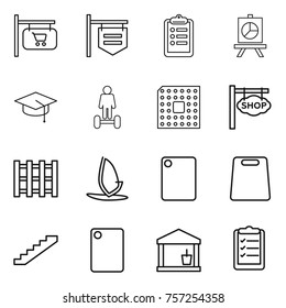 Thin line icon set : shop signboard, clipboard, presentation, graduate hat, hoverboard, cpu, pallet, windsurfing, cutting board, stairs, utility room, list
