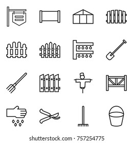 Thin line icon set : shop signboard, fence, greenhouse, watering, shovel, fork, scarecrow, farm, sow, pruner, rake, bucket