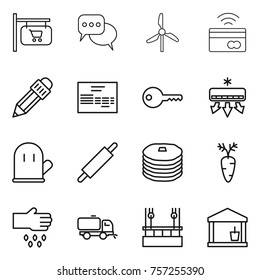 Thin line icon set : shop signboard, discussion, windmill, tap to pay, pencil, invoice, key, air conditioning, cook glove, rolling pin, pancakes, carrot, sow, sweeper, skysrcapers cleaning
