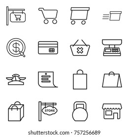 Thin line icon set : shop signboard, cart, delivery, dollar arrow, credit card, delete, market scales, shopping list, bag, store, heavy