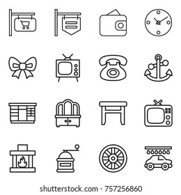 Thin line icon set : shop signboard, wallet, clock, bow, tv, phone, anchor, wardrobe, dresser, stool, fireplace, hand mill, wheel, car wash
